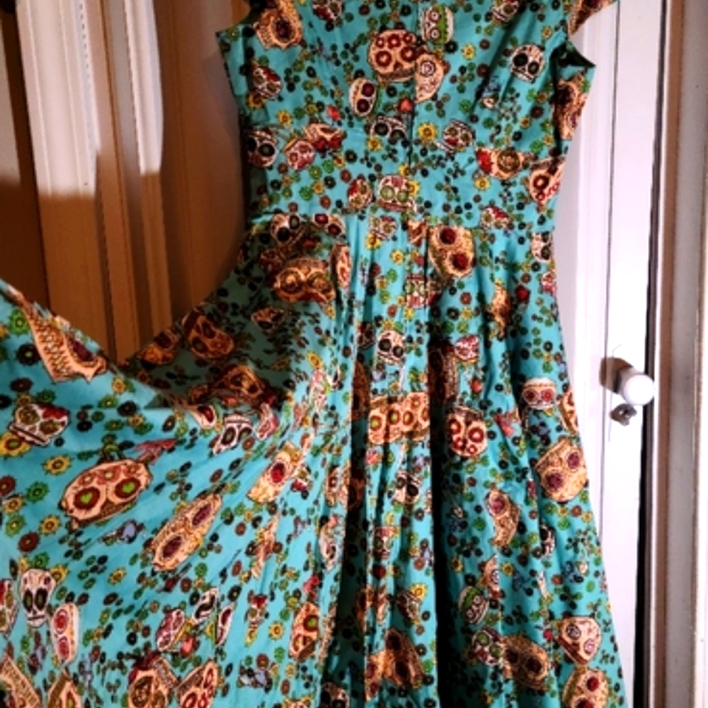 Hell Bunny Day of the dead 50s style dress, teal, sz Large, NWT, Vintage - Picture 5 of 10